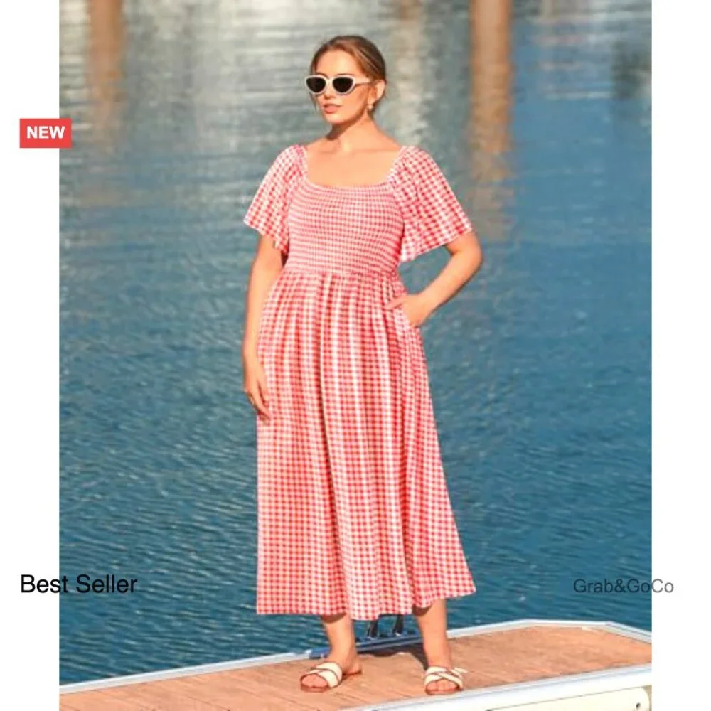 Plus Size Smocked Maxi Dress Square Neck Short Sleeve Floral Summer Casual
